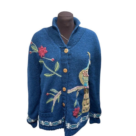 Lost Horizons Wool Peacock Handcrafted Sweater Jacket Womens L Fleece Lined Boho - Picture 2 of 12